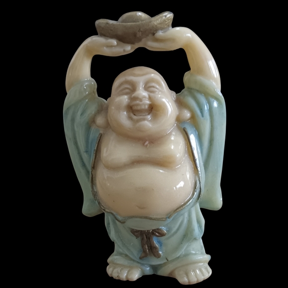 Set of 6 Vintage "Laughing Buddha" Figurines in Cream (Faux Ivory) and Blue - Picture 6 of 13